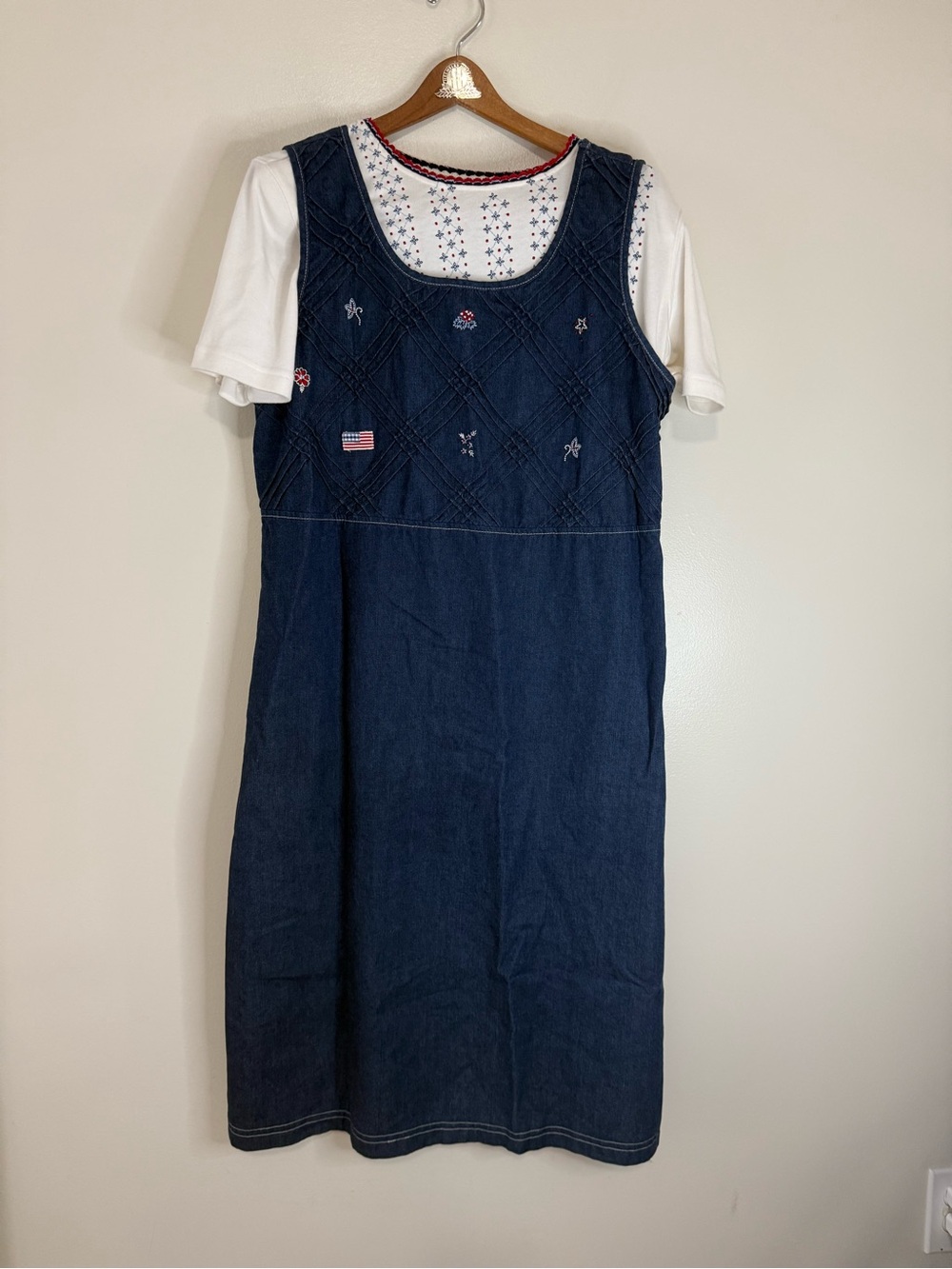 Koret Navy Embroidered Denim Midi Dress with White shirt in size large Americana